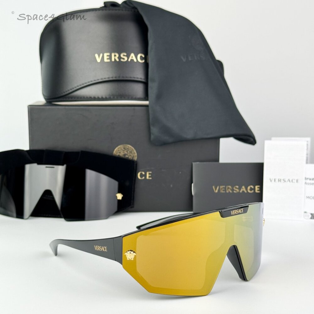 Versace Women Sunglasses Black Grey Mirror Gold Single Lens VE4461 GB1/87 NEW